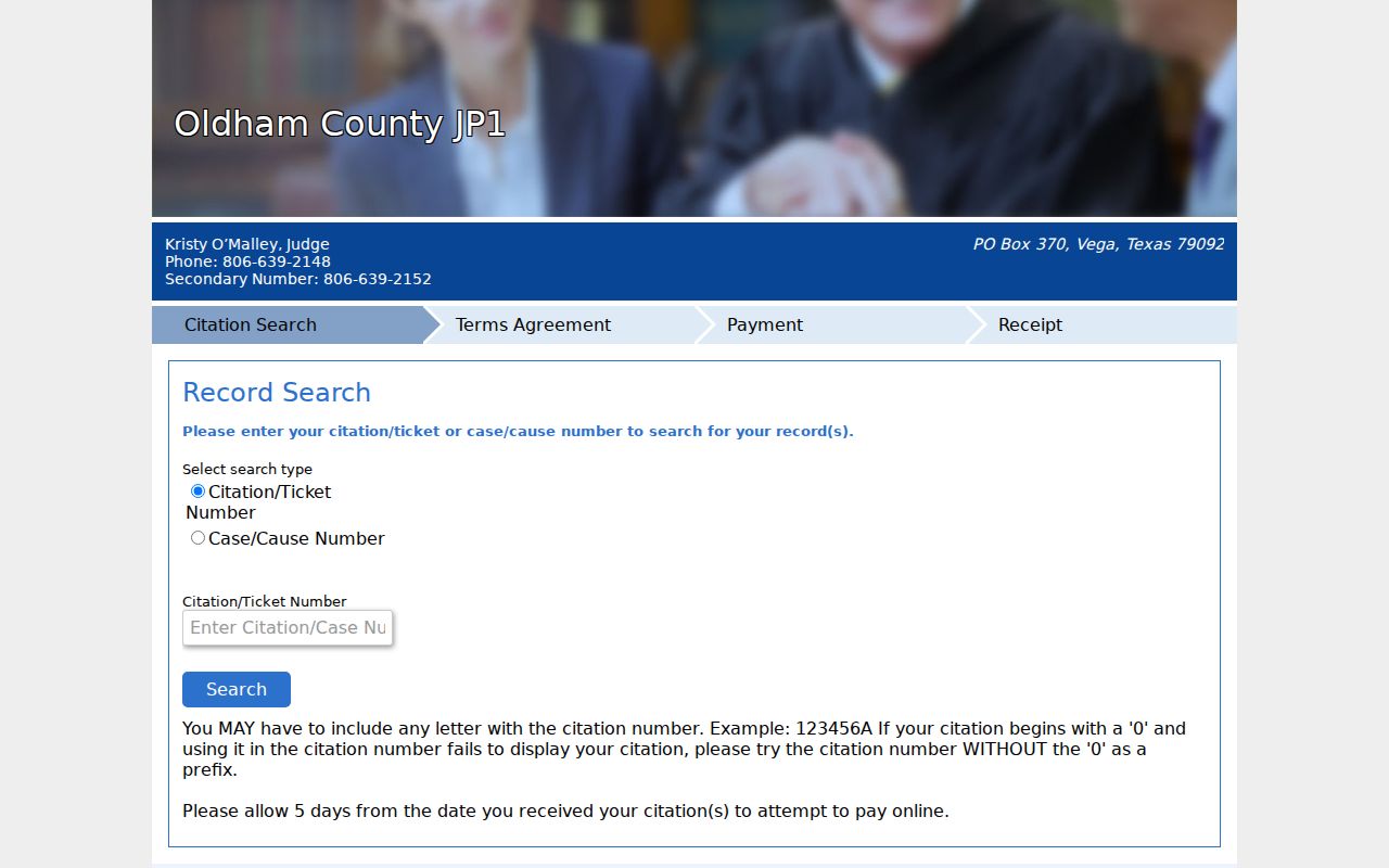 Oldham County warrant search reference showing JP citation fields