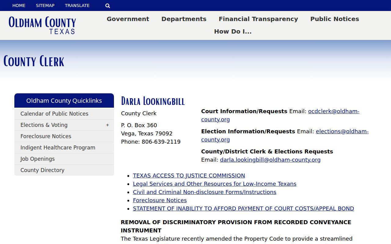 Oldham County court clerk contact information for warrant records