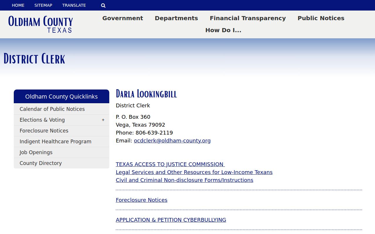Oldham County District Clerk contact for arrest warrant case records