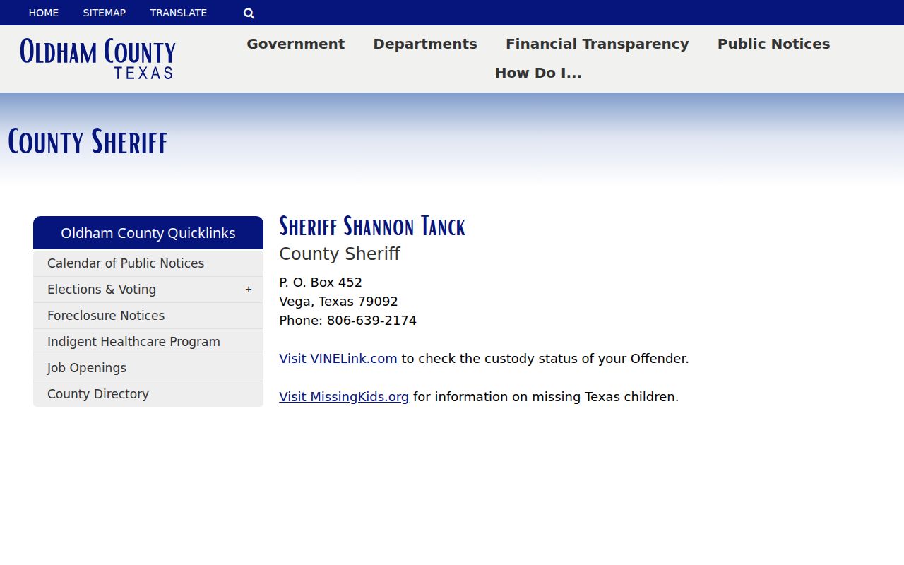 Oldham County warrant information through the official sheriff contact page