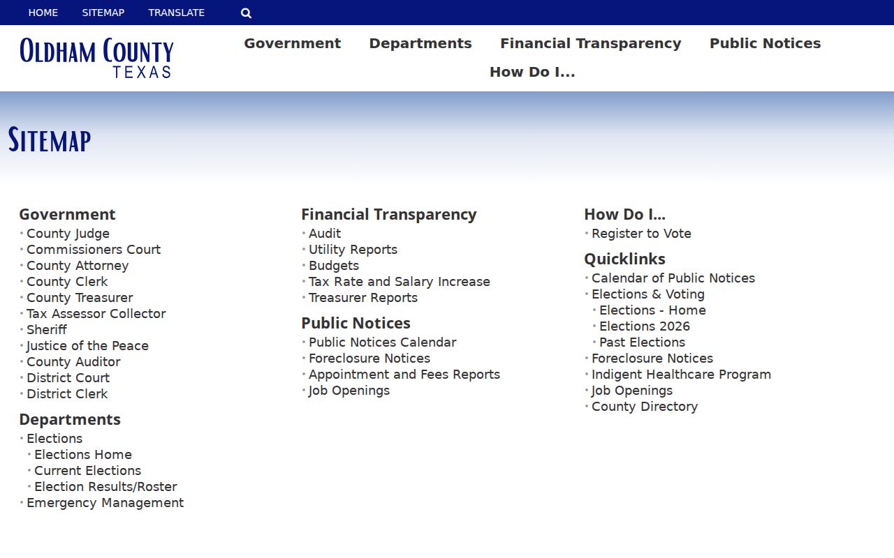 Oldham County public sitemap showing warrant list availability